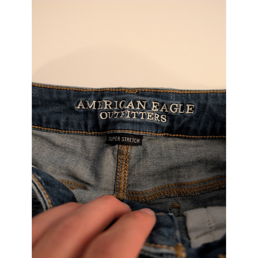 American Eagle Size 10 Hi-Rise Shortie Distressed Denim Shorts Blue Stretch - Picture 4 of 9